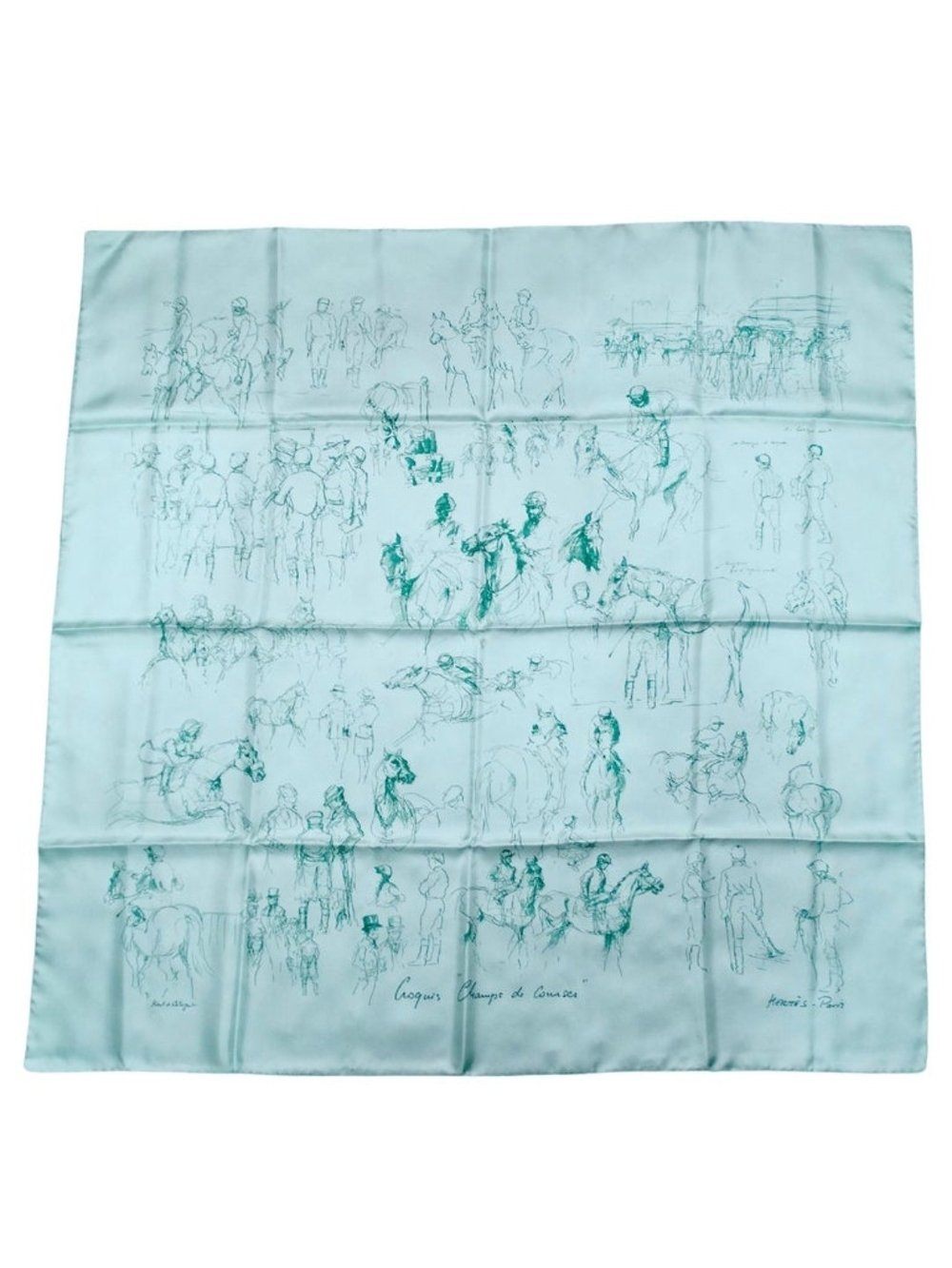 Hermes 'Croquis Champs De Courses' Blue Silk Scarf Near Mint